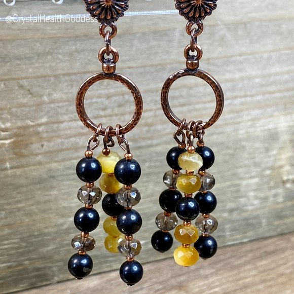Shungite + Smokey Quartz + Tiger Eye Antique Copper Chandelier Earrings - Picture 4 of 6